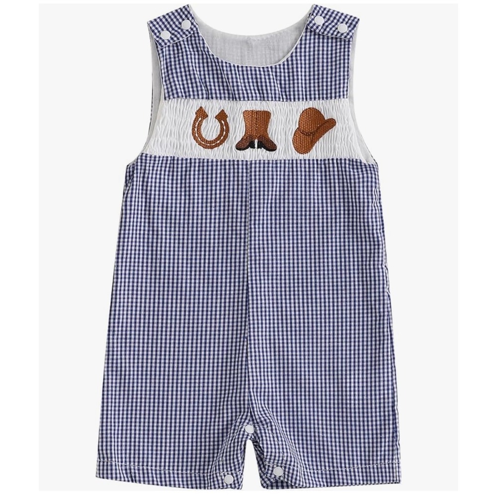 Western Smocked Gingham Romper Blue White Horseshoe Cowboy Boots 12-18 Months